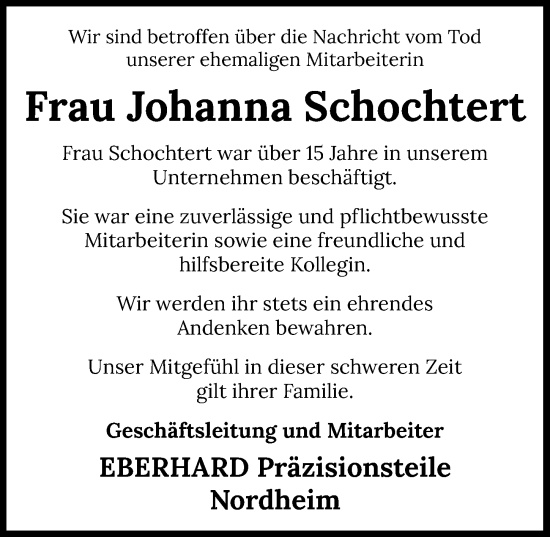 Traueranzeige von Johanna Schochtert von GESAMT