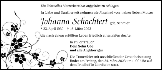 Traueranzeige von Johanna Schochtert von GESAMT
