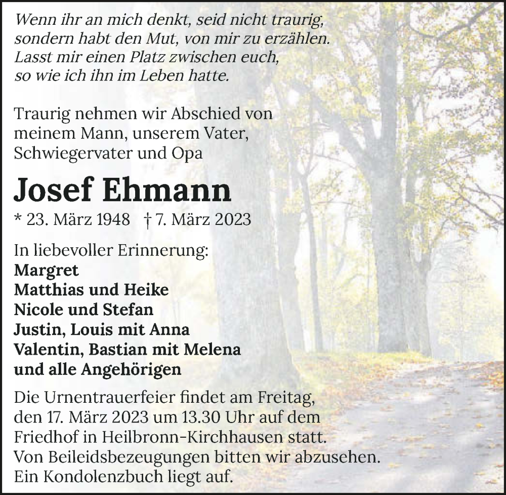  Traueranzeige für Josef Ehmann vom 11.03.2023 aus GESAMT