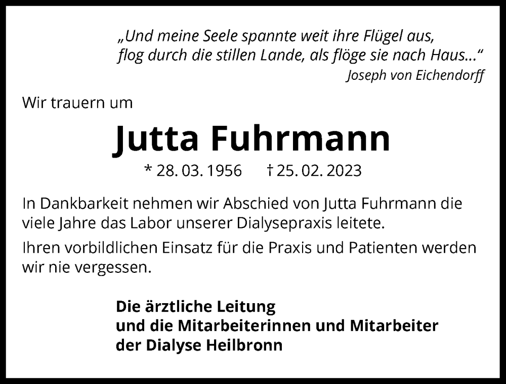  Traueranzeige für Jutta Fuhrmann vom 04.03.2023 aus GESAMT