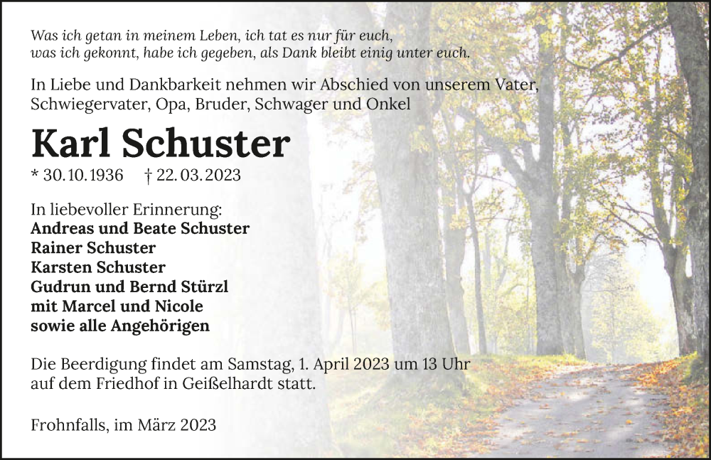  Traueranzeige für Karl Schuster vom 28.03.2023 aus GESAMT