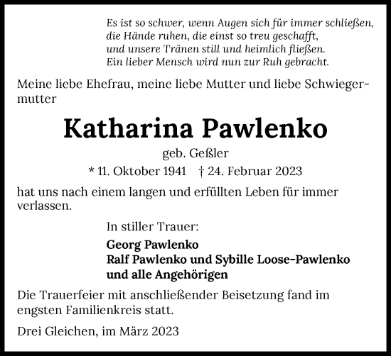 Traueranzeige von Katharina Pawlenko von GESAMT