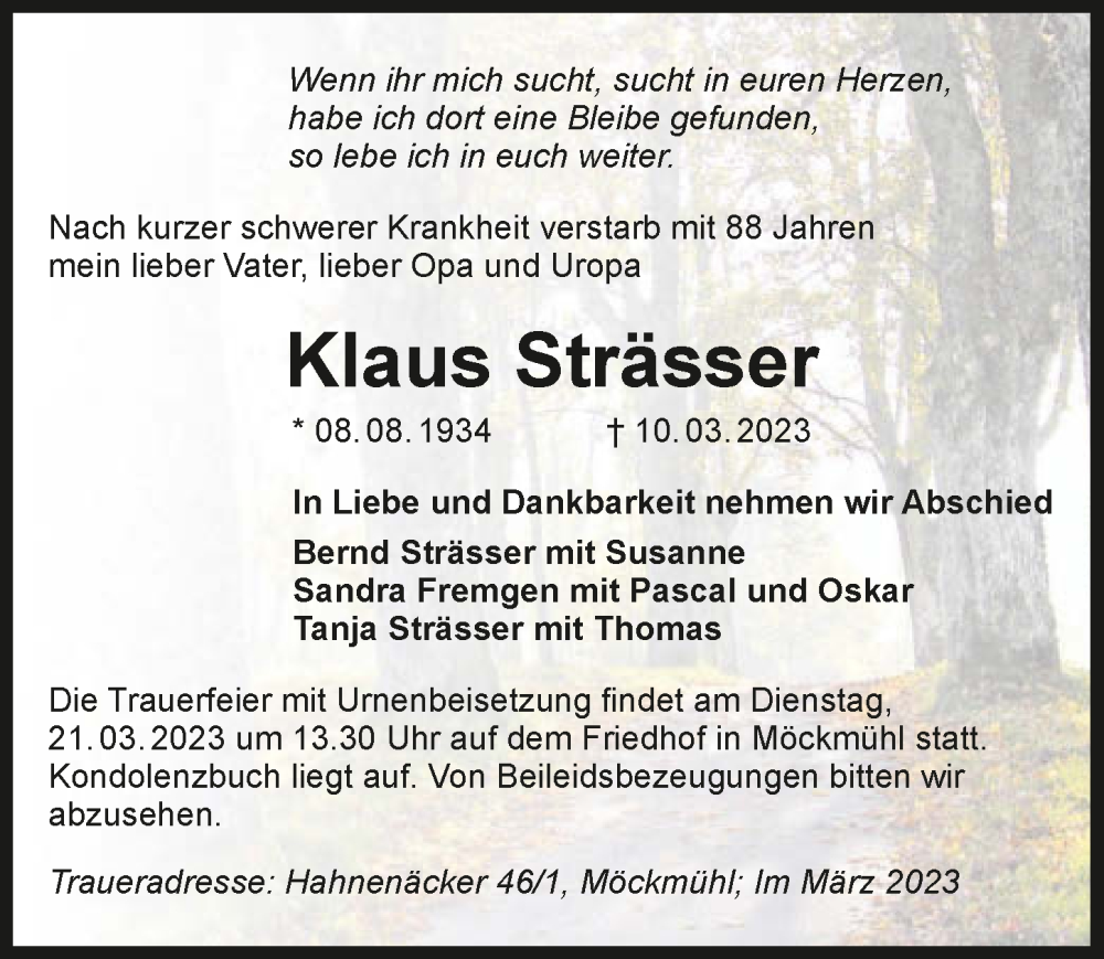  Traueranzeige für Klaus Strässer vom 14.03.2023 aus GESAMT