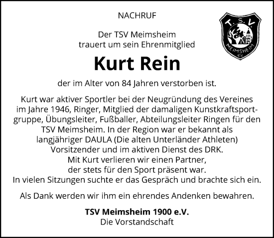Traueranzeige von Kurt Rein von GESAMT