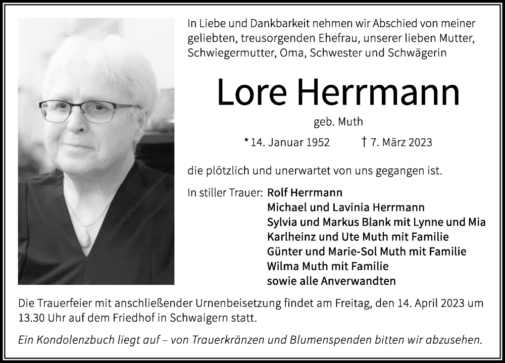  Traueranzeige für Lore Herrmann vom 25.03.2023 aus GESAMT