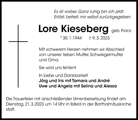 Traueranzeige von Lore Kieseberg von GESAMT