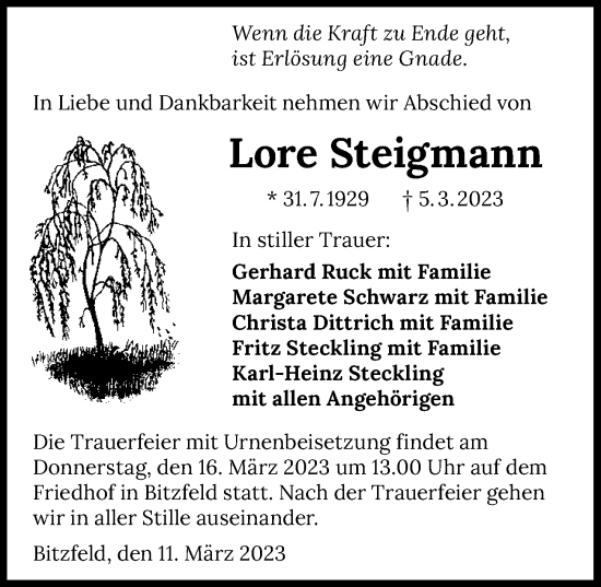 Traueranzeige von Lore Steigmann von GESAMT