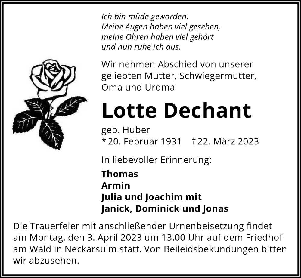  Traueranzeige für Lotte Dechant vom 29.03.2023 aus GESAMT