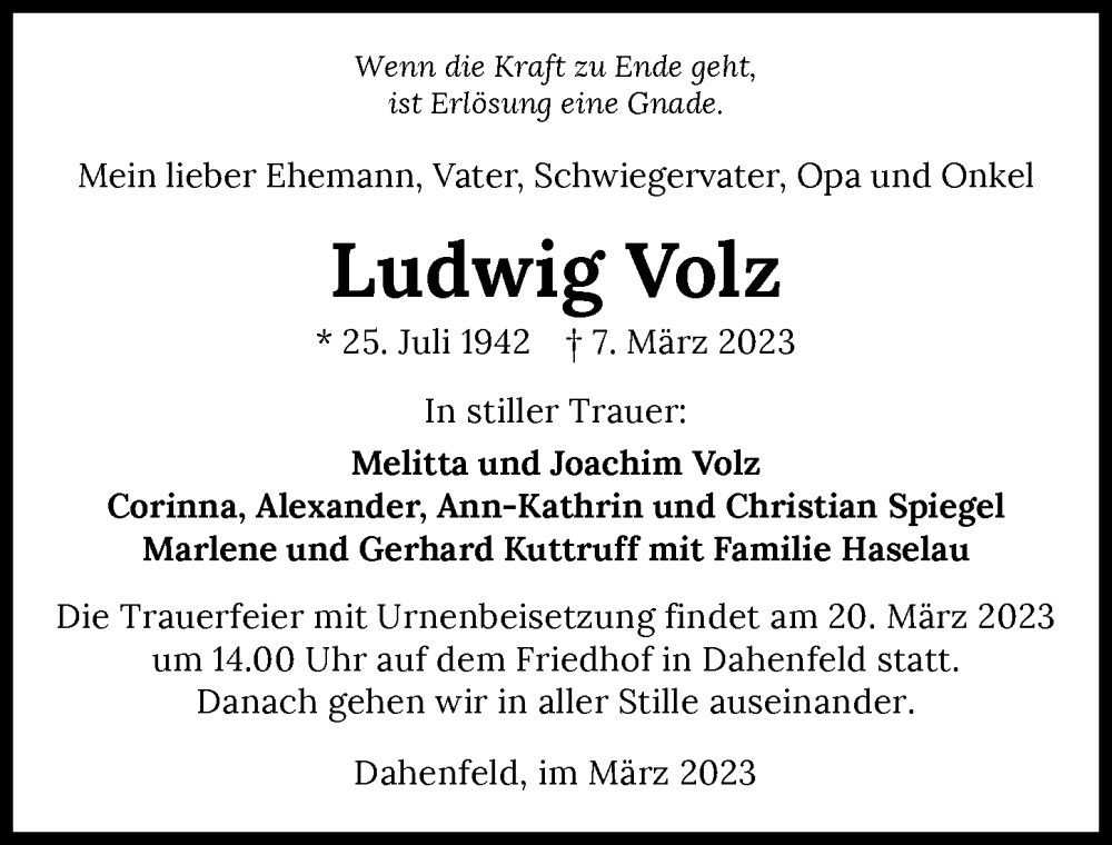  Traueranzeige für Ludwig Volz vom 17.03.2023 aus GESAMT