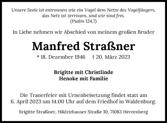 Traueranzeige von Manfred Straßner von GESAMT