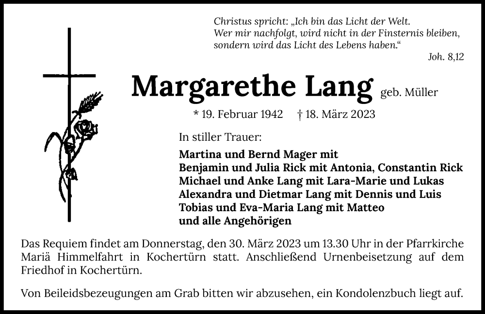  Traueranzeige für Margarethe Lang vom 25.03.2023 aus GESAMT