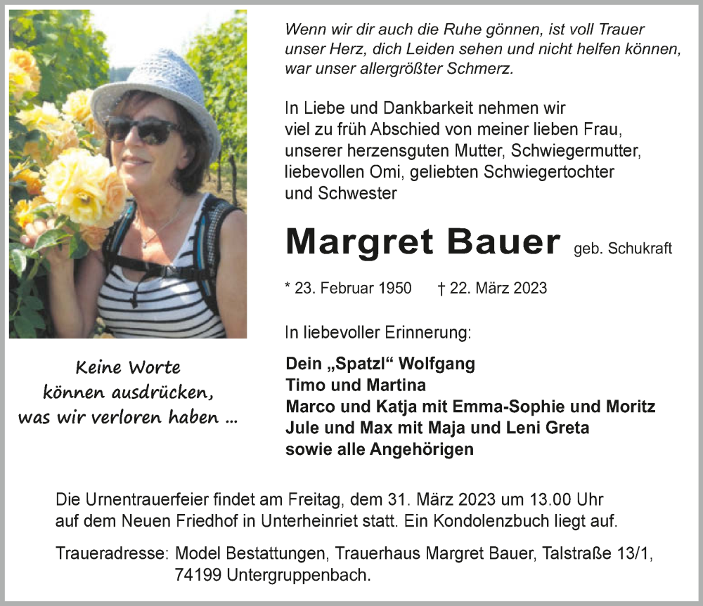  Traueranzeige für Margret Bauer vom 25.03.2023 aus GESAMT