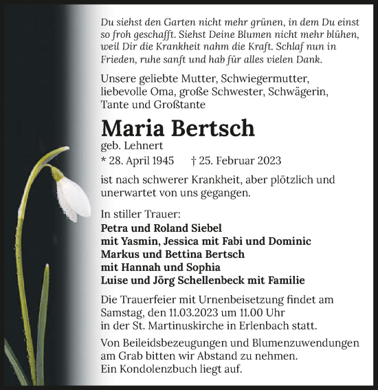 Traueranzeige von Maria Bertsch von GESAMT