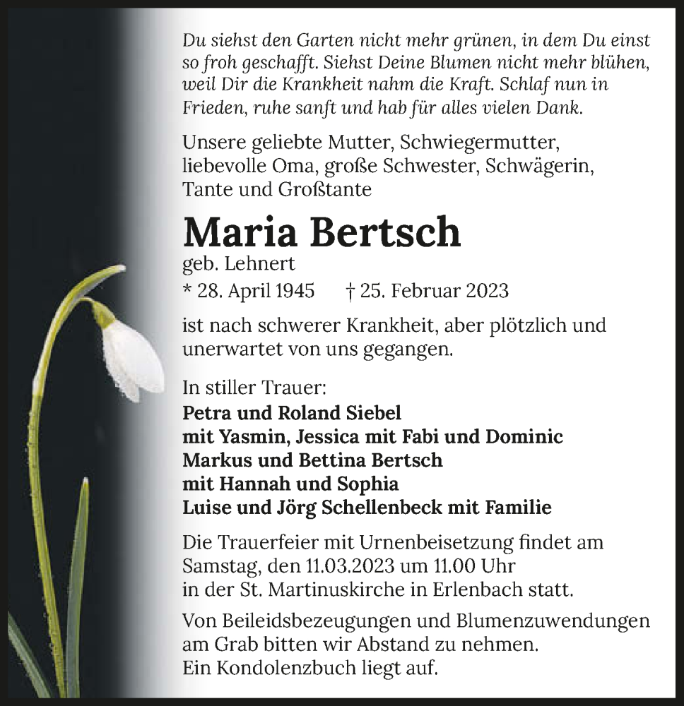  Traueranzeige für Maria Bertsch vom 08.03.2023 aus GESAMT