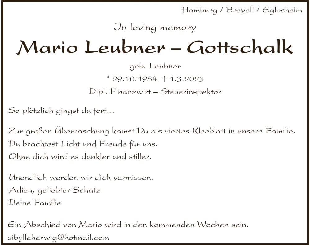  Traueranzeige für Mario Leubner-Gottschalk vom 25.03.2023 aus GESAMT