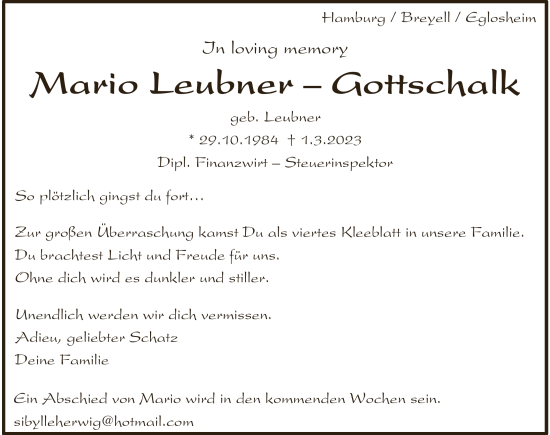Traueranzeige von Mario Leubner-Gottschalk von GESAMT