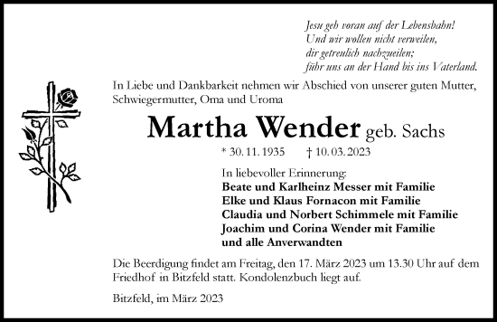 Traueranzeige von Martha Wender von GESAMT