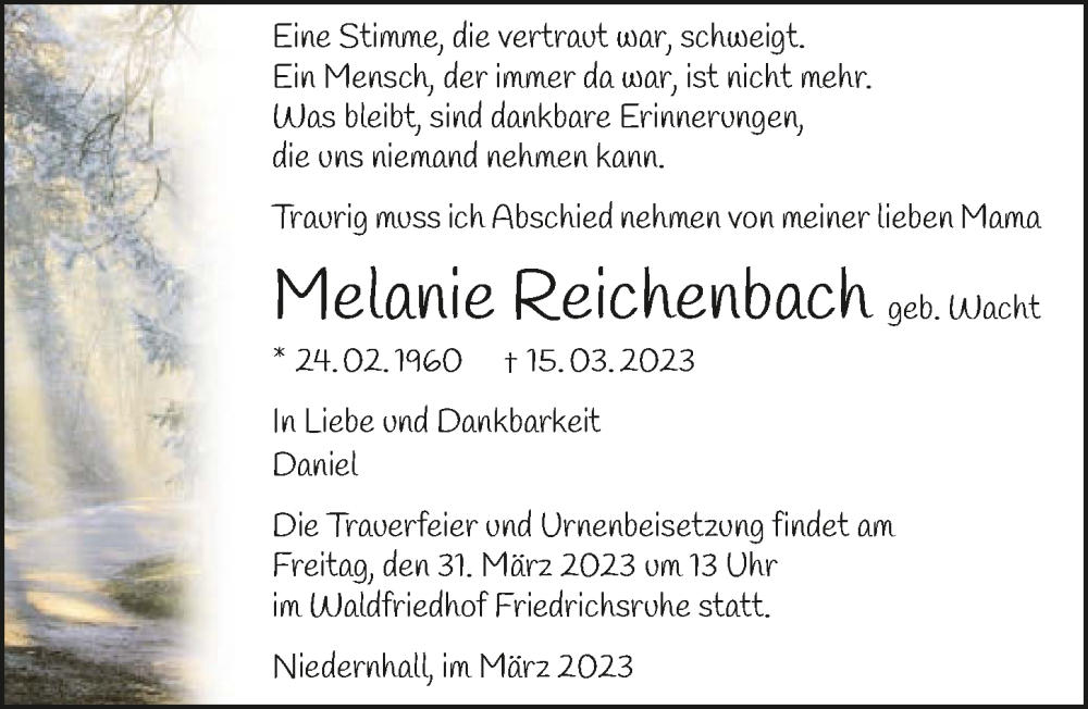  Traueranzeige für Melanie Reichenbach vom 28.03.2023 aus GESAMT