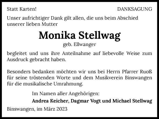 Traueranzeige von Monika Stellwag von GESAMT