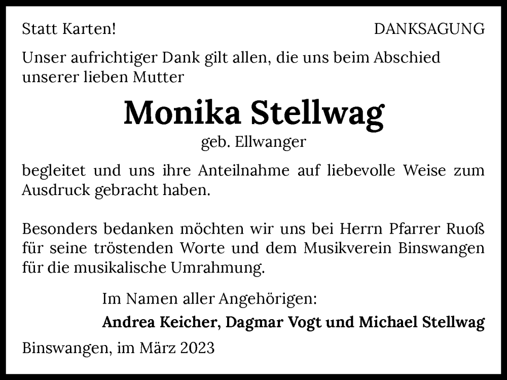  Traueranzeige für Monika Stellwag vom 03.03.2023 aus GESAMT