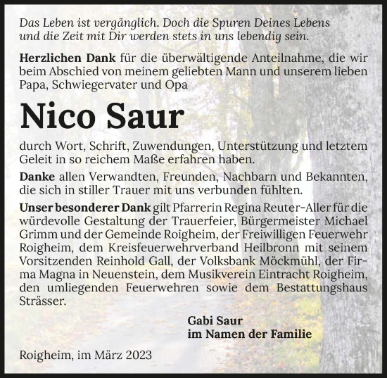Traueranzeige von Nico Saur von GESAMT