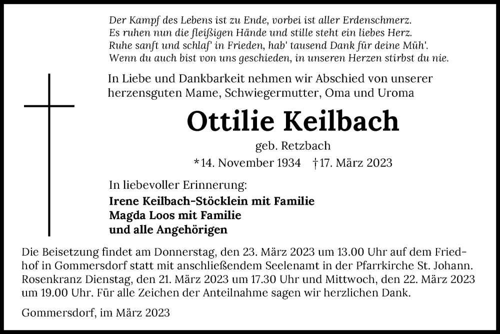  Traueranzeige für Ottilie Keilbach vom 21.03.2023 aus GESAMT