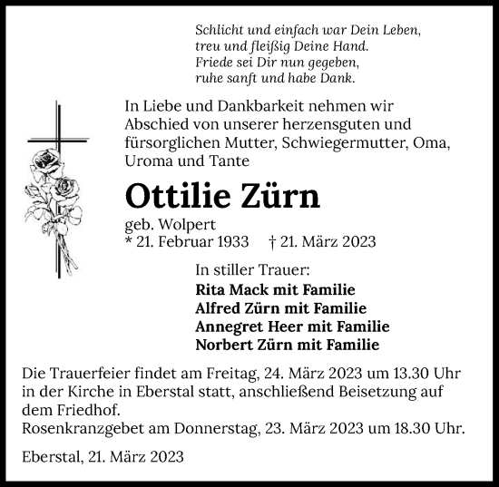 Traueranzeige von Ottilie Zürn von GESAMT