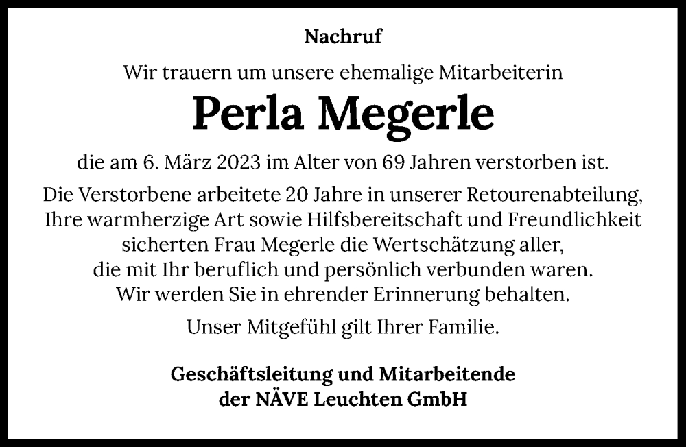  Traueranzeige für Perla Megerle vom 11.03.2023 aus GESAMT