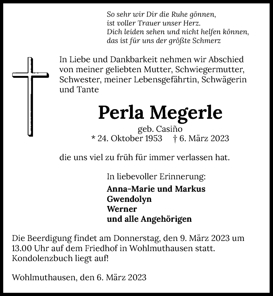  Traueranzeige für Perla Megerle vom 07.03.2023 aus GESAMT