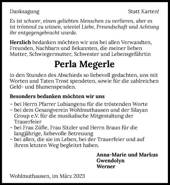 Traueranzeige von Perla Megerle von GESAMT