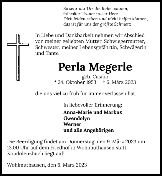 Traueranzeige von Perla Megerle von GESAMT