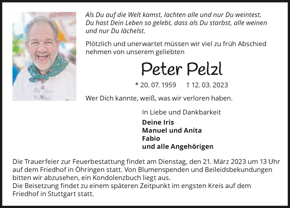  Traueranzeige für Peter Pelzl vom 16.03.2023 aus GESAMT