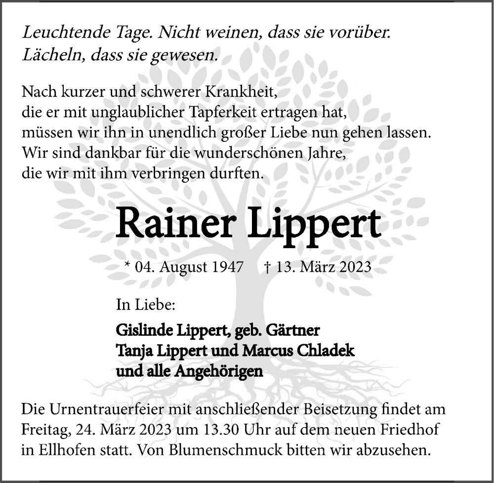  Traueranzeige für Rainer Lippert vom 18.03.2023 aus GESAMT