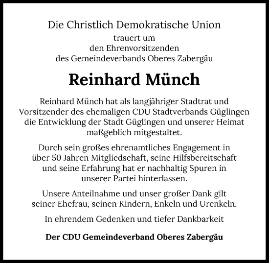 Traueranzeige von Reinhard Münch von GESAMT