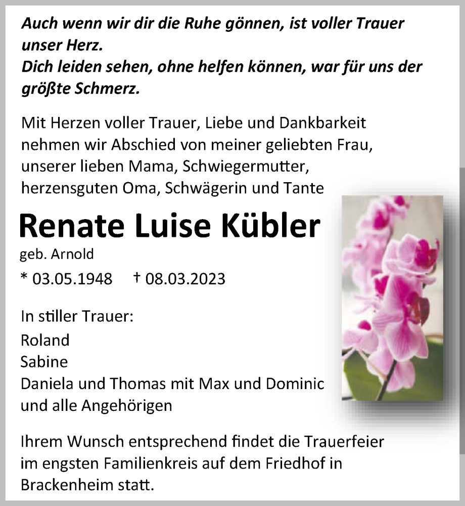  Traueranzeige für Renate Luise Kübler vom 11.03.2023 aus GESAMT