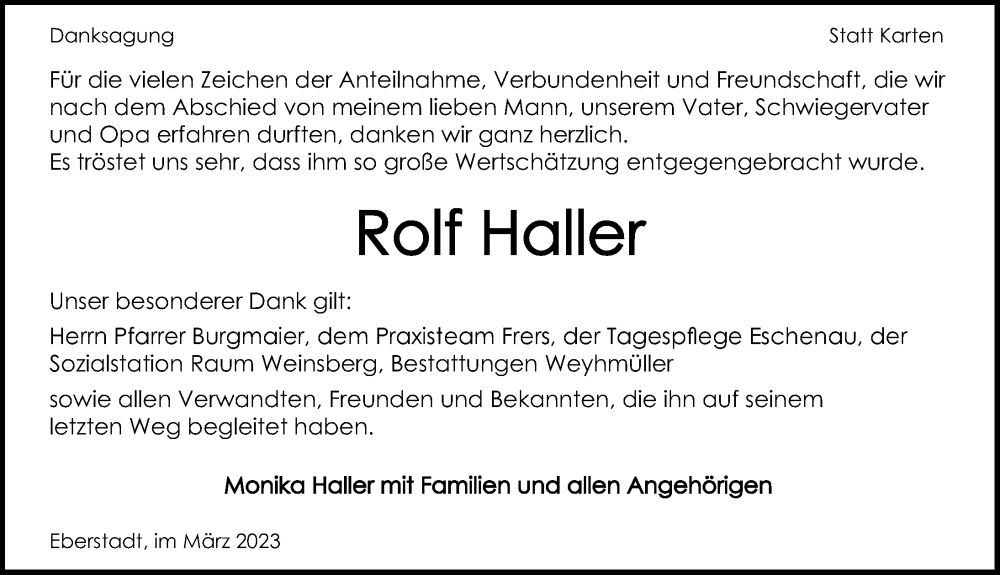  Traueranzeige für Rolf Haller vom 18.03.2023 aus GESAMT