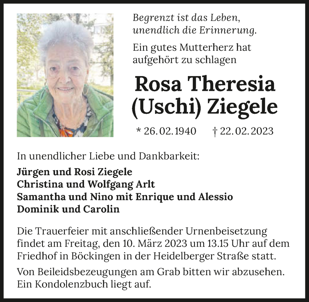  Traueranzeige für Rosa Theresia Ziegele vom 04.03.2023 aus GESAMT
