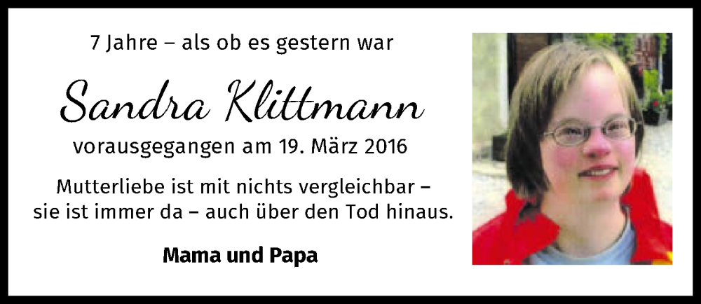  Traueranzeige für Sandra Klittmann vom 18.03.2023 aus GESAMT