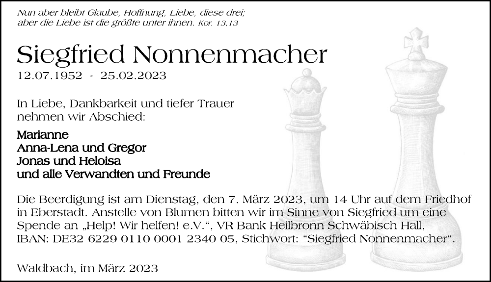  Traueranzeige für Siegfried Nonnenmacher vom 02.03.2023 aus GESAMT