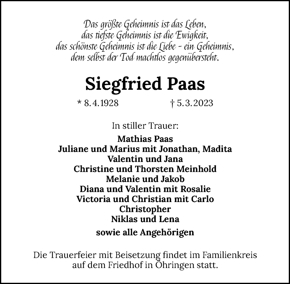  Traueranzeige für Siegfried Paas vom 11.03.2023 aus GESAMT
