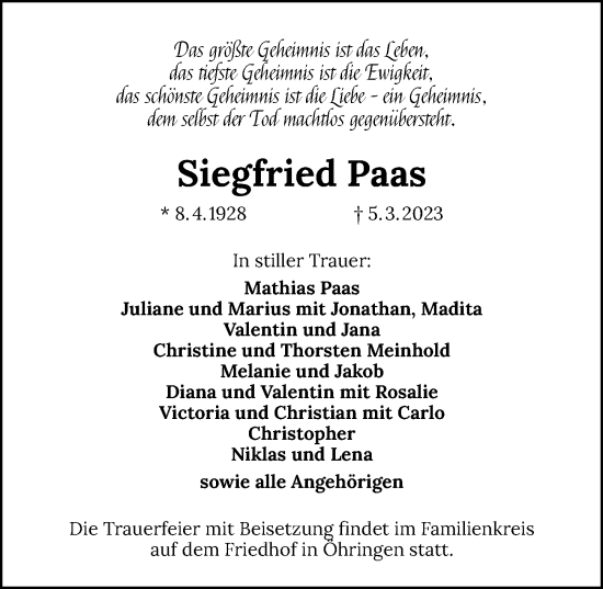 Traueranzeige von Siegfried Paas von GESAMT