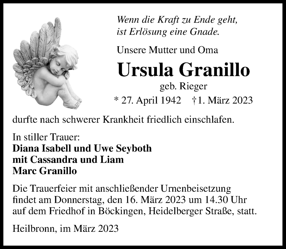  Traueranzeige für Ursula Granillo vom 11.03.2023 aus GESAMT