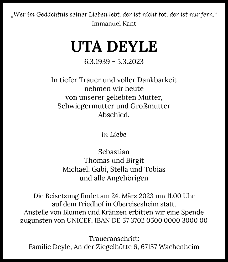  Traueranzeige für Uta Deyle vom 17.03.2023 aus GESAMT
