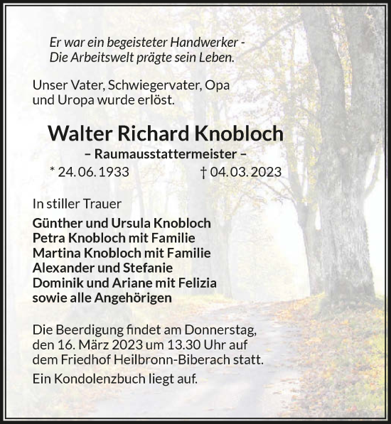 Traueranzeige von Walter Richard Knobloch von GESAMT