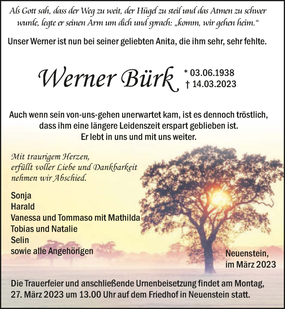  Traueranzeige für Werner Bürk vom 18.03.2023 aus GESAMT