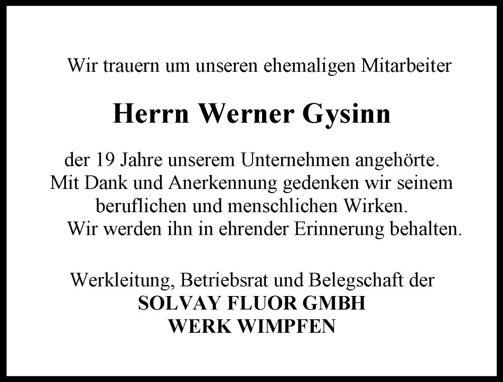  Traueranzeige für Werner Gysinn vom 04.03.2023 aus GESAMT