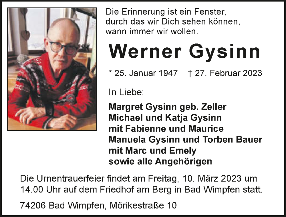  Traueranzeige für Werner Gysinn vom 04.03.2023 aus GESAMT