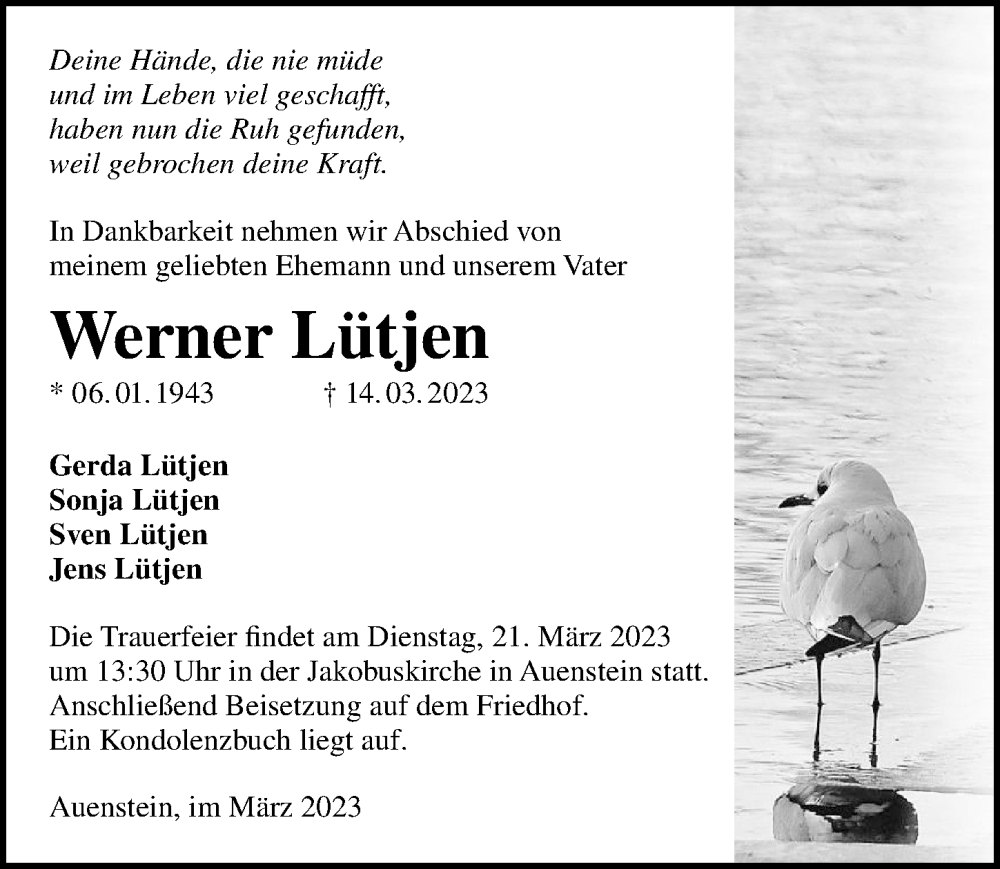  Traueranzeige für Werner Lütjen vom 18.03.2023 aus GESAMT