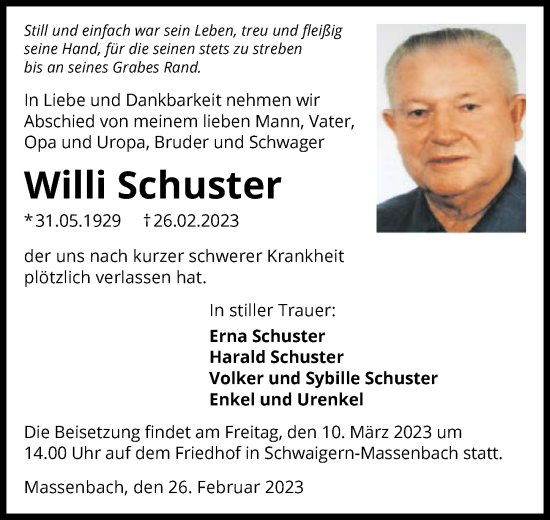 Traueranzeige von Willi Schuster von GESAMT