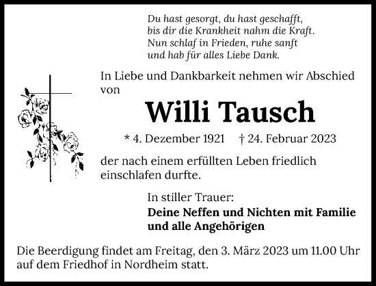 Traueranzeige von Willi Tausch von GESAMT